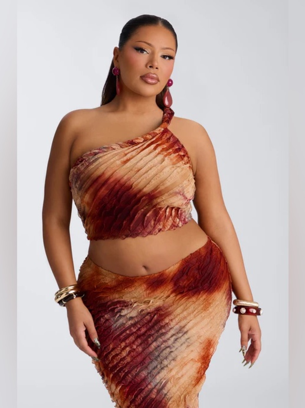 Fashion Nova Rust Tie-Dye One-Shoulder Crop Top & Midi Skirt Set NWT - Picture 5 of 8
